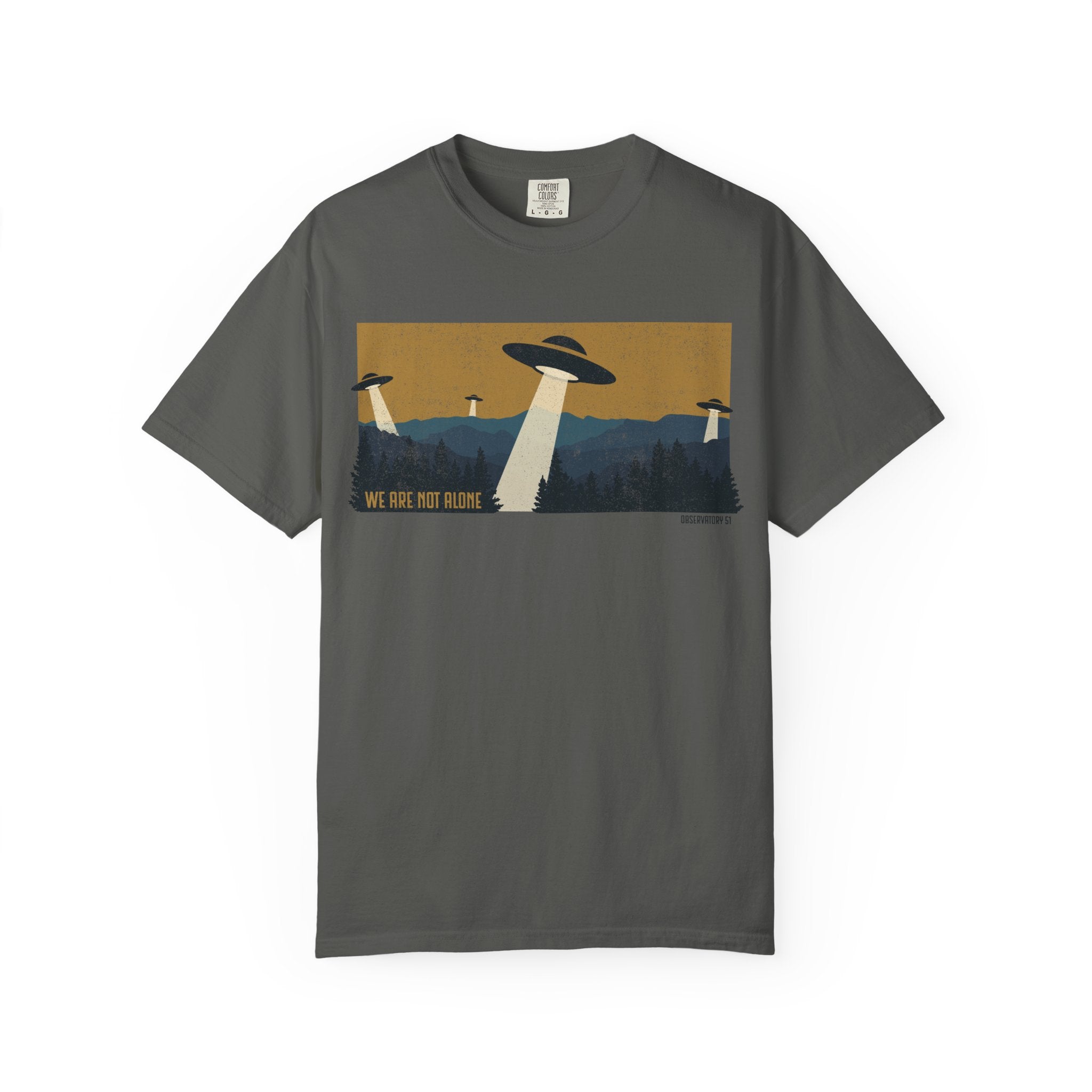 We Are Not Alone UFO T-Shirt | Retro Alien Graphic Tee | Vintage Sci-Fi Shirt | UAP/UFO Enthusiast Gift | Observatory 51 Apparel