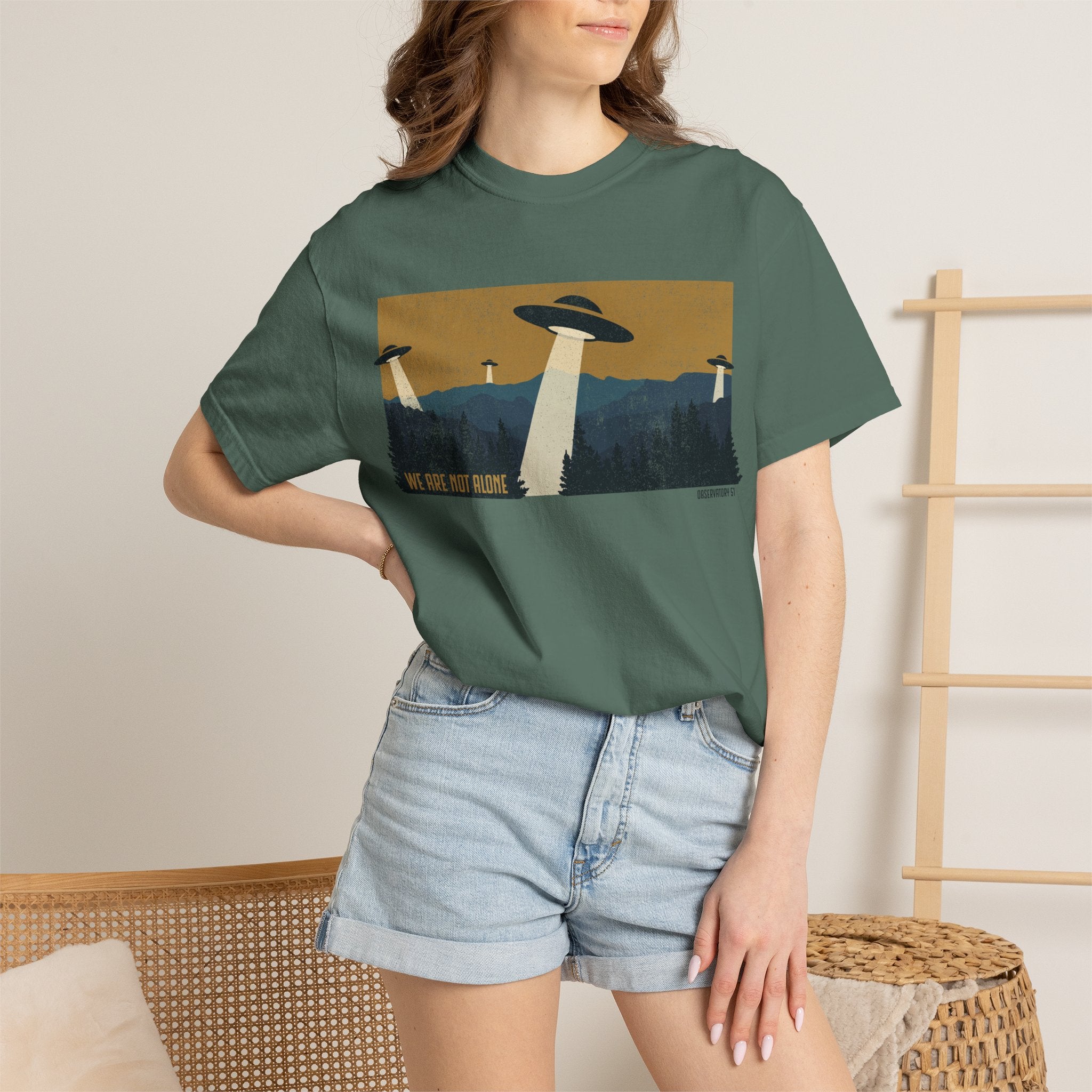 We Are Not Alone UFO T-Shirt | Retro Alien Graphic Tee | Vintage Sci-Fi Shirt | UAP/UFO Enthusiast Gift | Observatory 51 Apparel