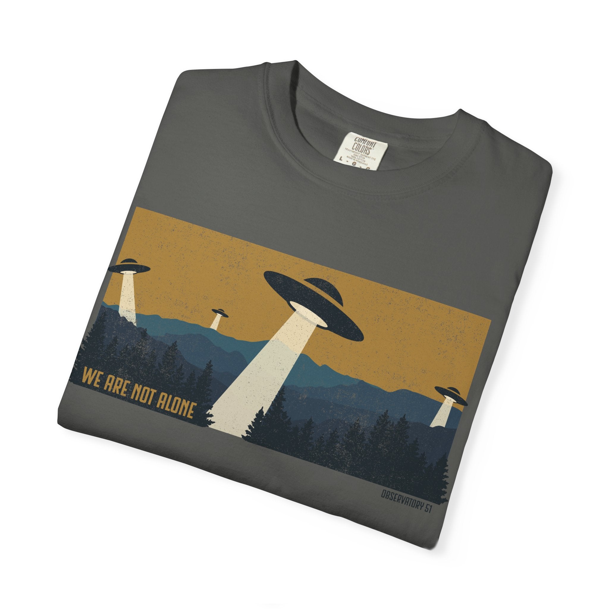 We Are Not Alone UFO T-Shirt | Retro Alien Graphic Tee | Vintage Sci-Fi Shirt | UAP/UFO Enthusiast Gift | Observatory 51 Apparel