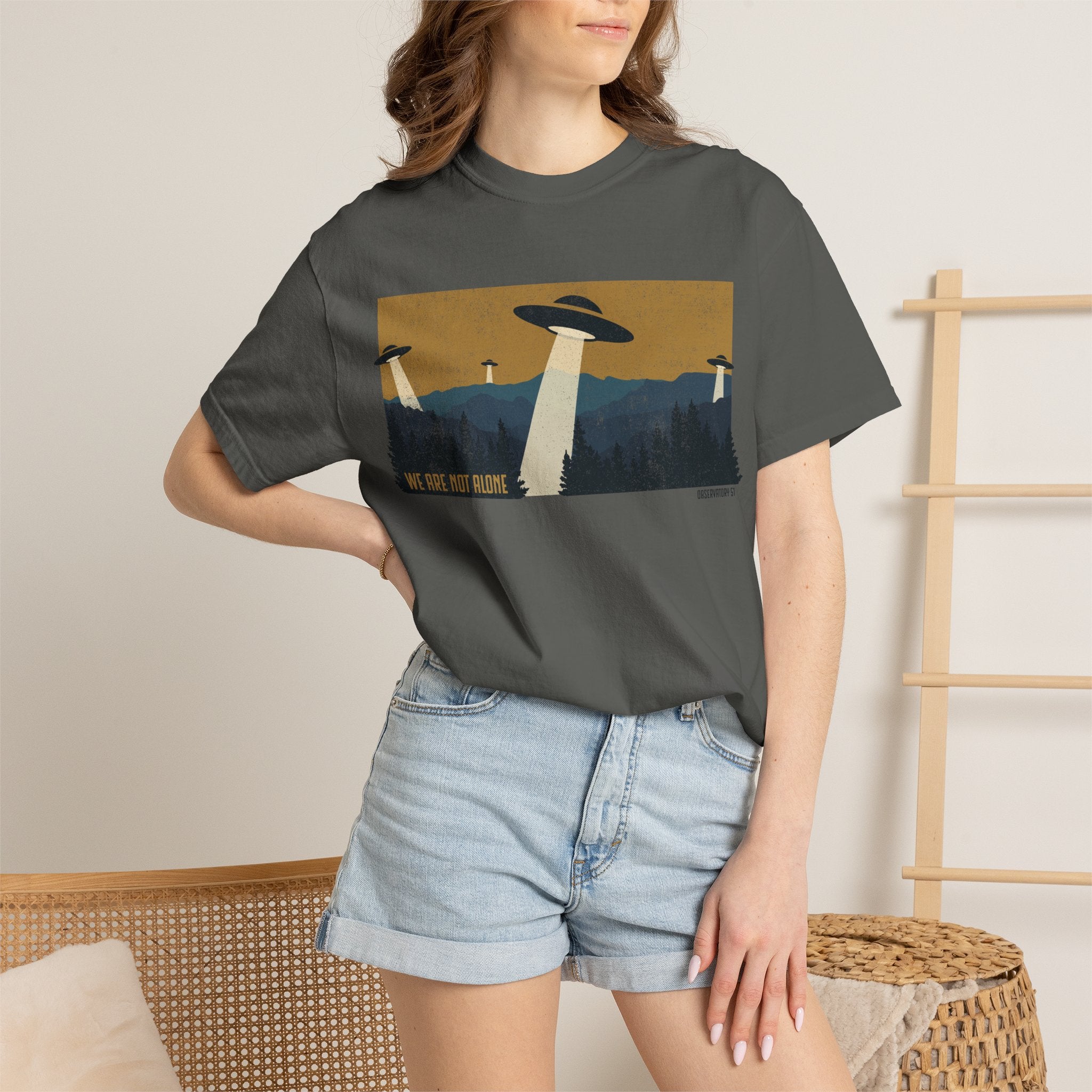 We Are Not Alone UFO T-Shirt | Retro Alien Graphic Tee | Vintage Sci-Fi Shirt | UAP/UFO Enthusiast Gift | Observatory 51 Apparel