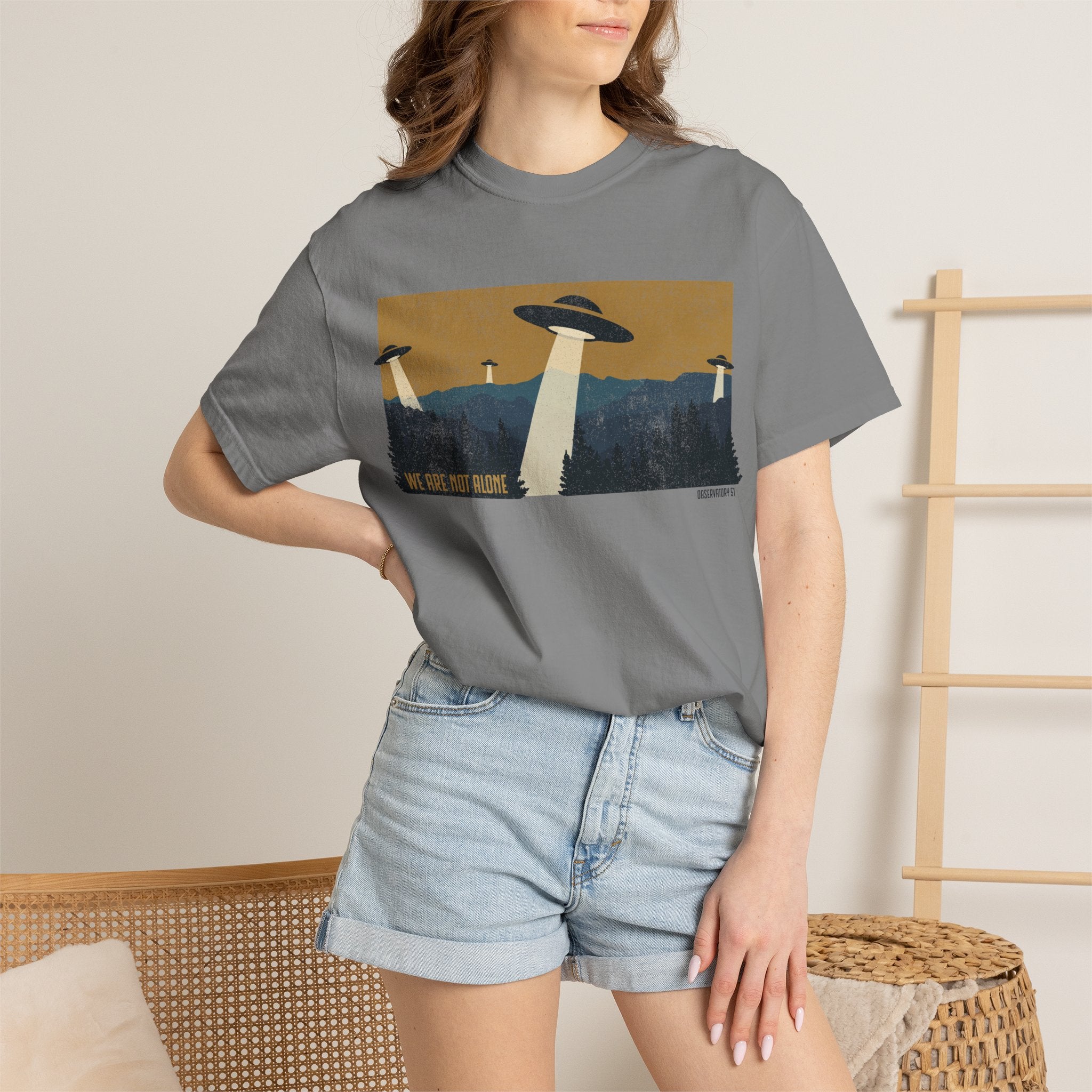 We Are Not Alone UFO T-Shirt | Retro Alien Graphic Tee | Vintage Sci-Fi Shirt | UAP/UFO Enthusiast Gift | Observatory 51 Apparel