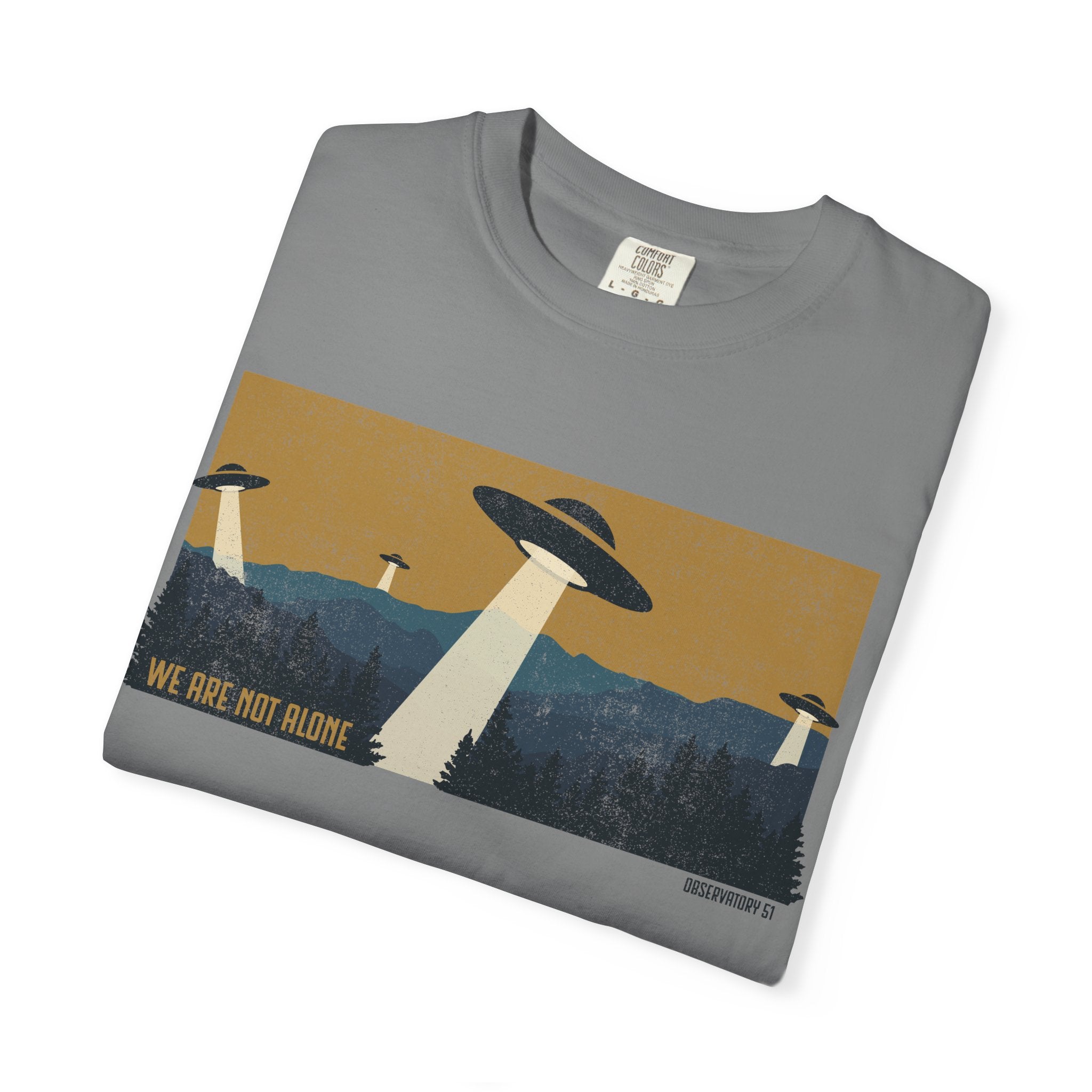 We Are Not Alone UFO T-Shirt | Retro Alien Graphic Tee | Vintage Sci-Fi Shirt | UAP/UFO Enthusiast Gift | Observatory 51 Apparel